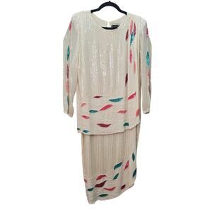 VTG Diva Dress Womens 12 100% Silk Sequin Long Sleeve Wedding Formal Grannycore